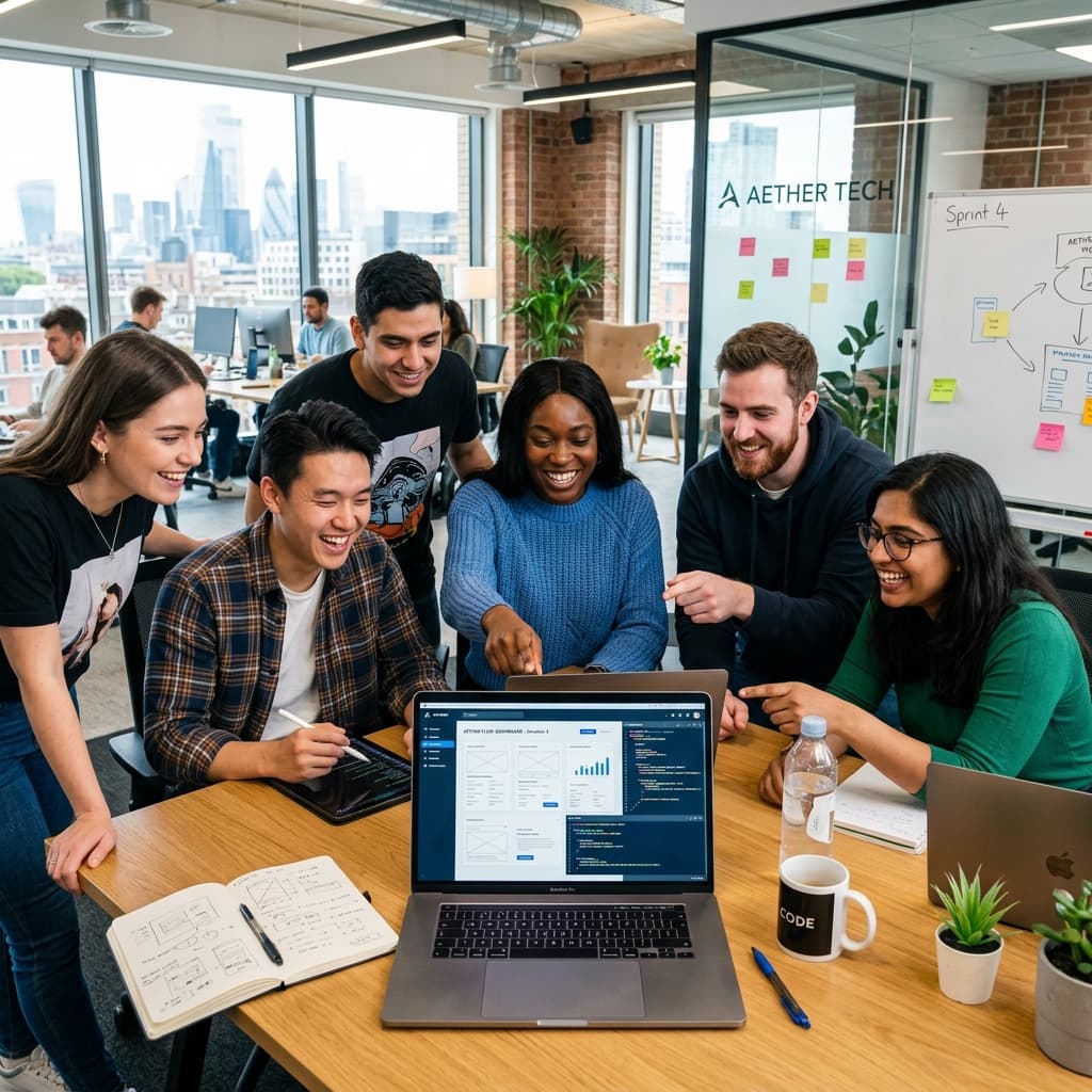 A business team reviewing its work together