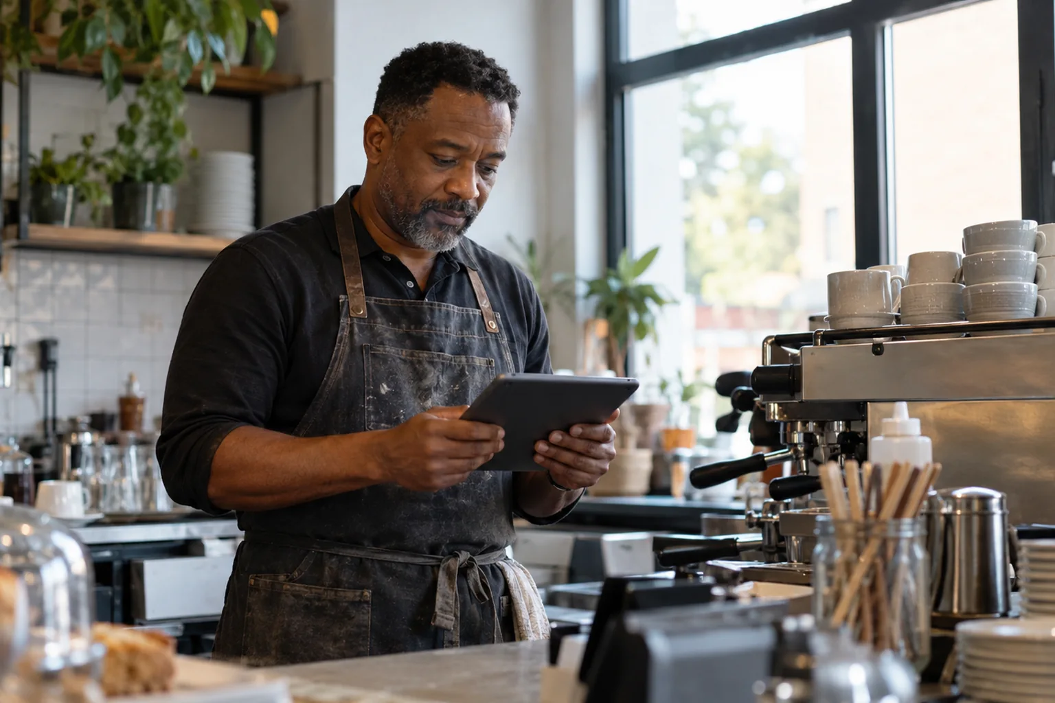 A café owner reading new customer feedback on a tablet behind the counter