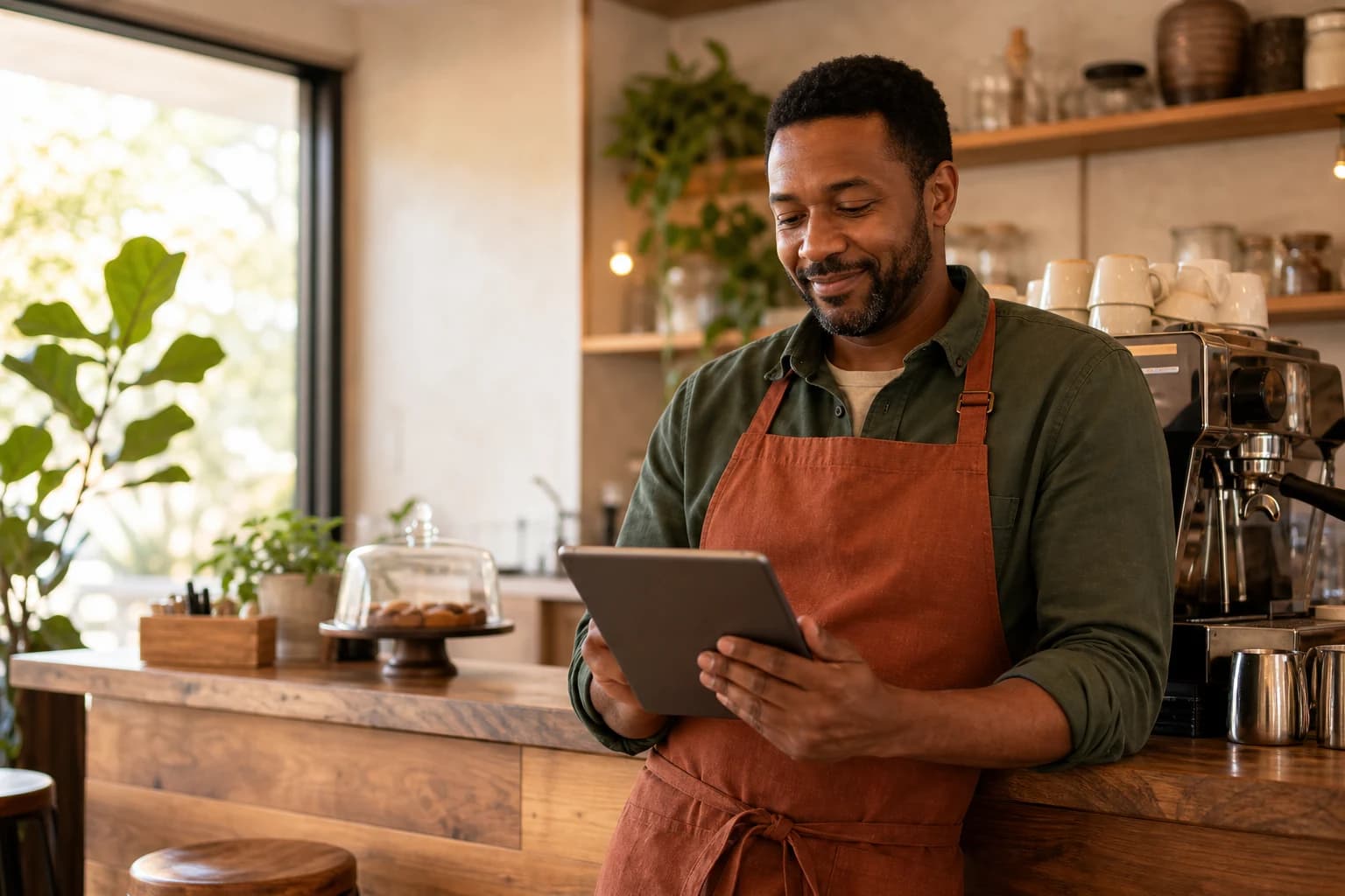 A café owner reviewing customer feedback on a tablet