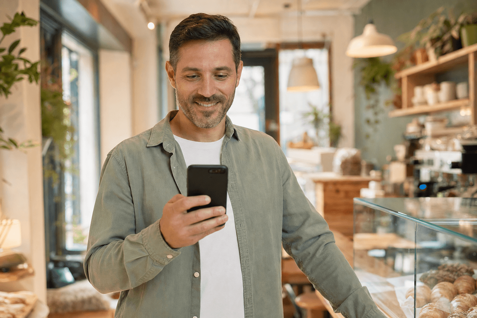 Local business owner reading a customer review on their phone with Zyene Reviews